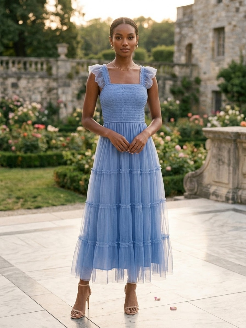 Smocked Bodice Blue Midi Tulle Dress with Ruffled Straps